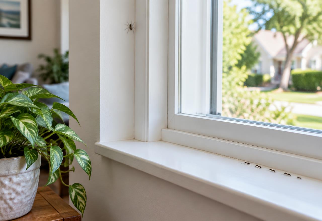 Ants on a windowsill inside a residential home