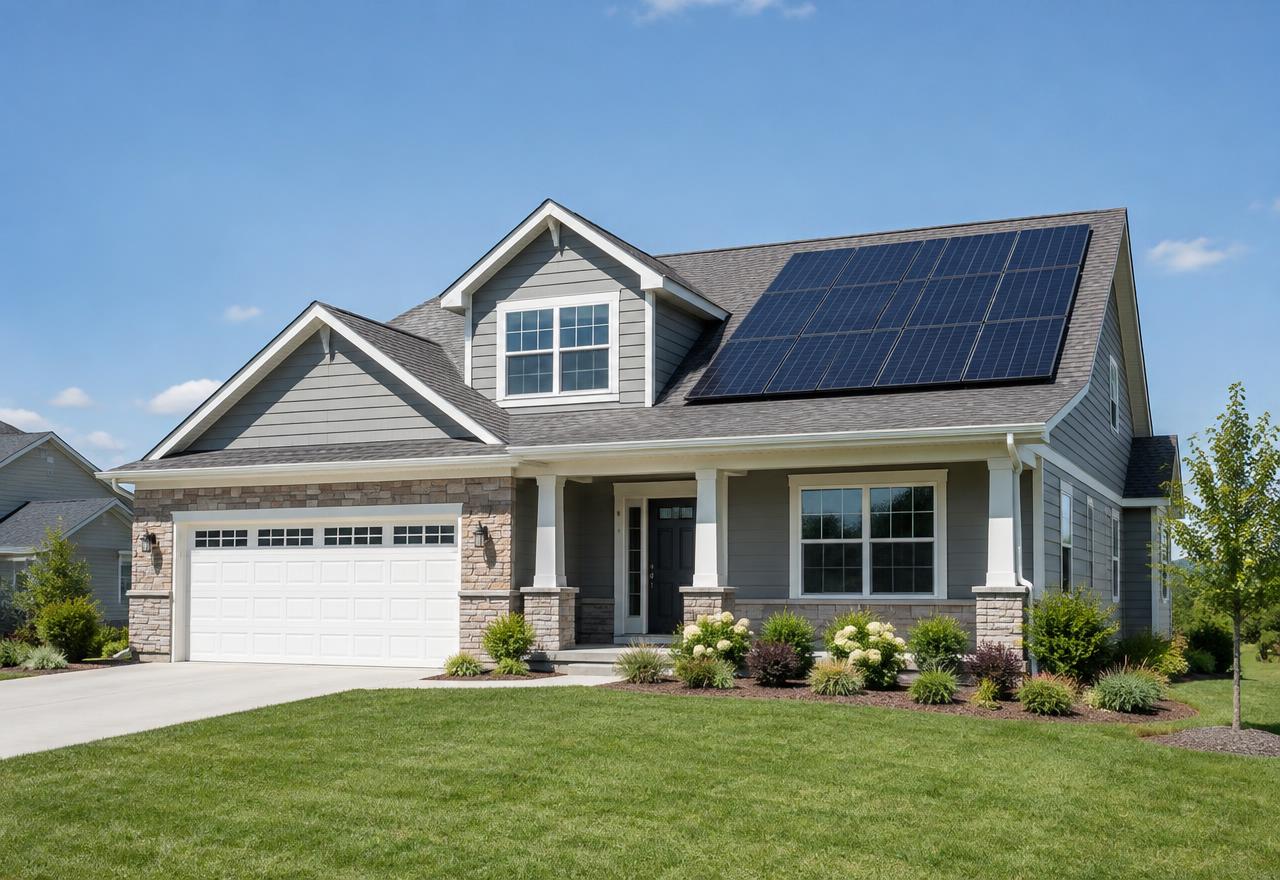 Solar panels installed on the roof of a single-family home